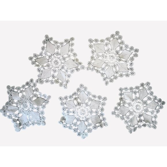 Handmade Crochet Doilies Set Of 5 White 6 Point Vintage - Picture 3 of 5